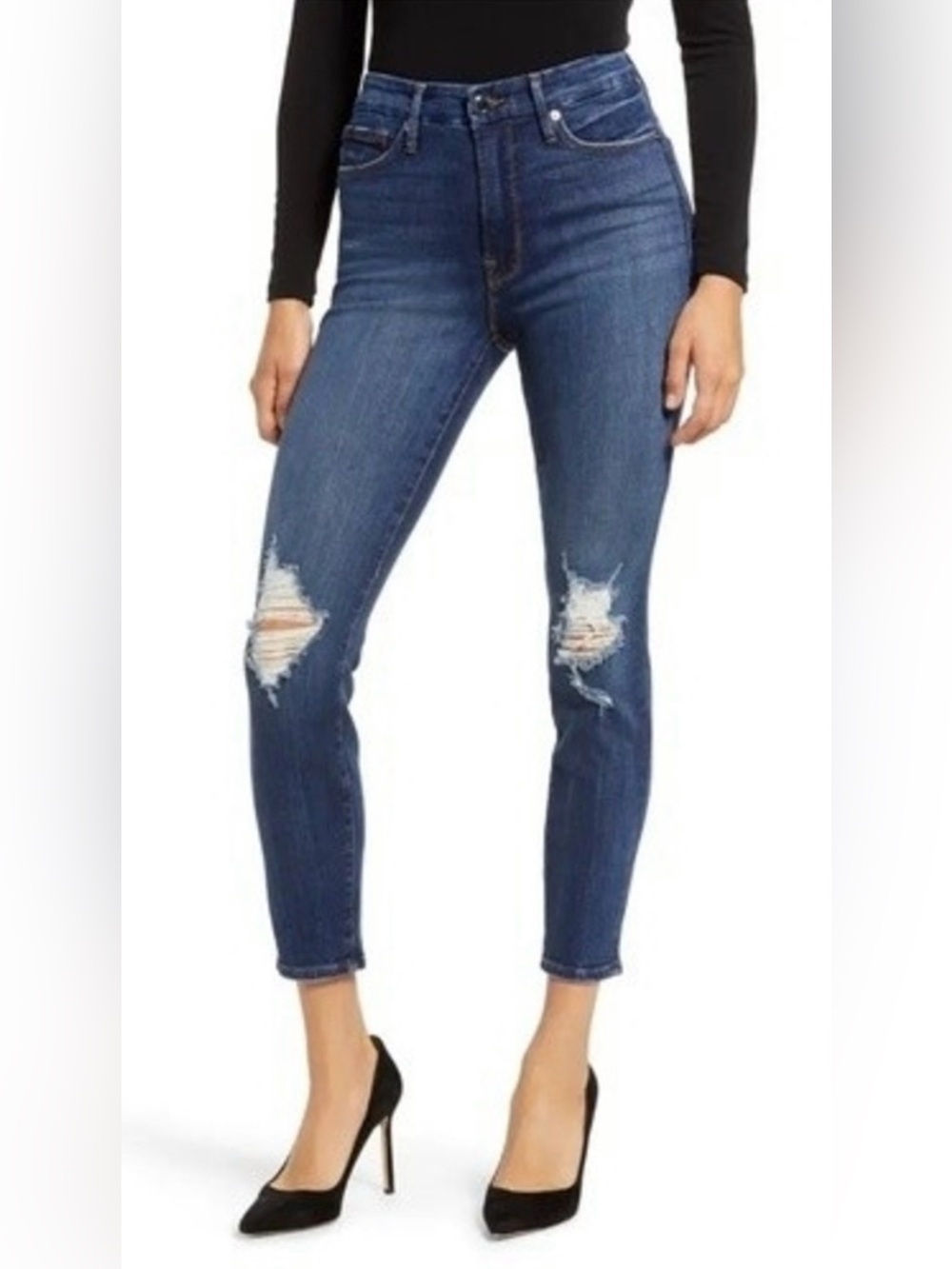 Good American Good Waist Crop High Waist Skinny Dark Blue Distressed Jeans 10